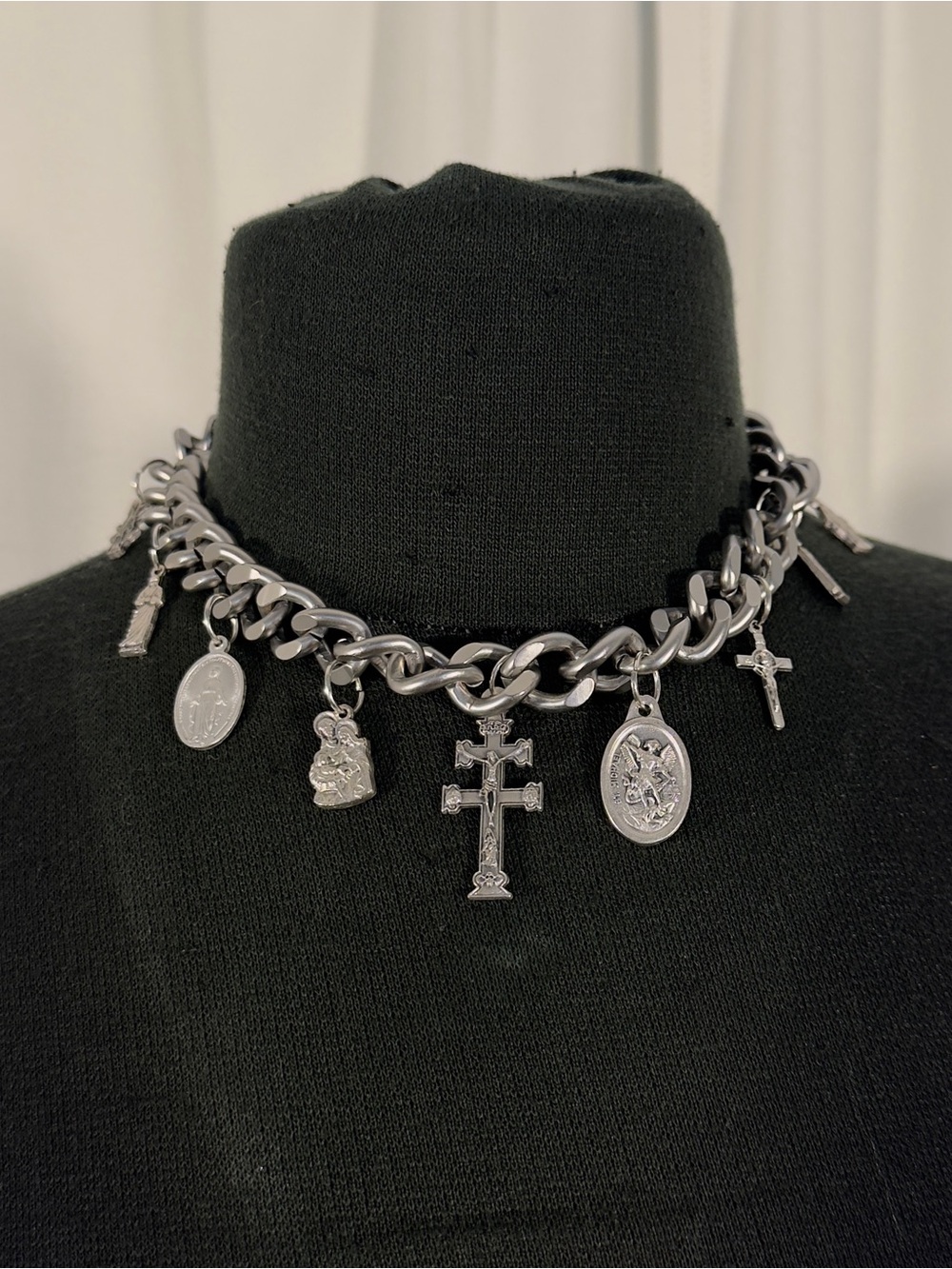 Chunky Silver Tone Catholic Charm Necklace